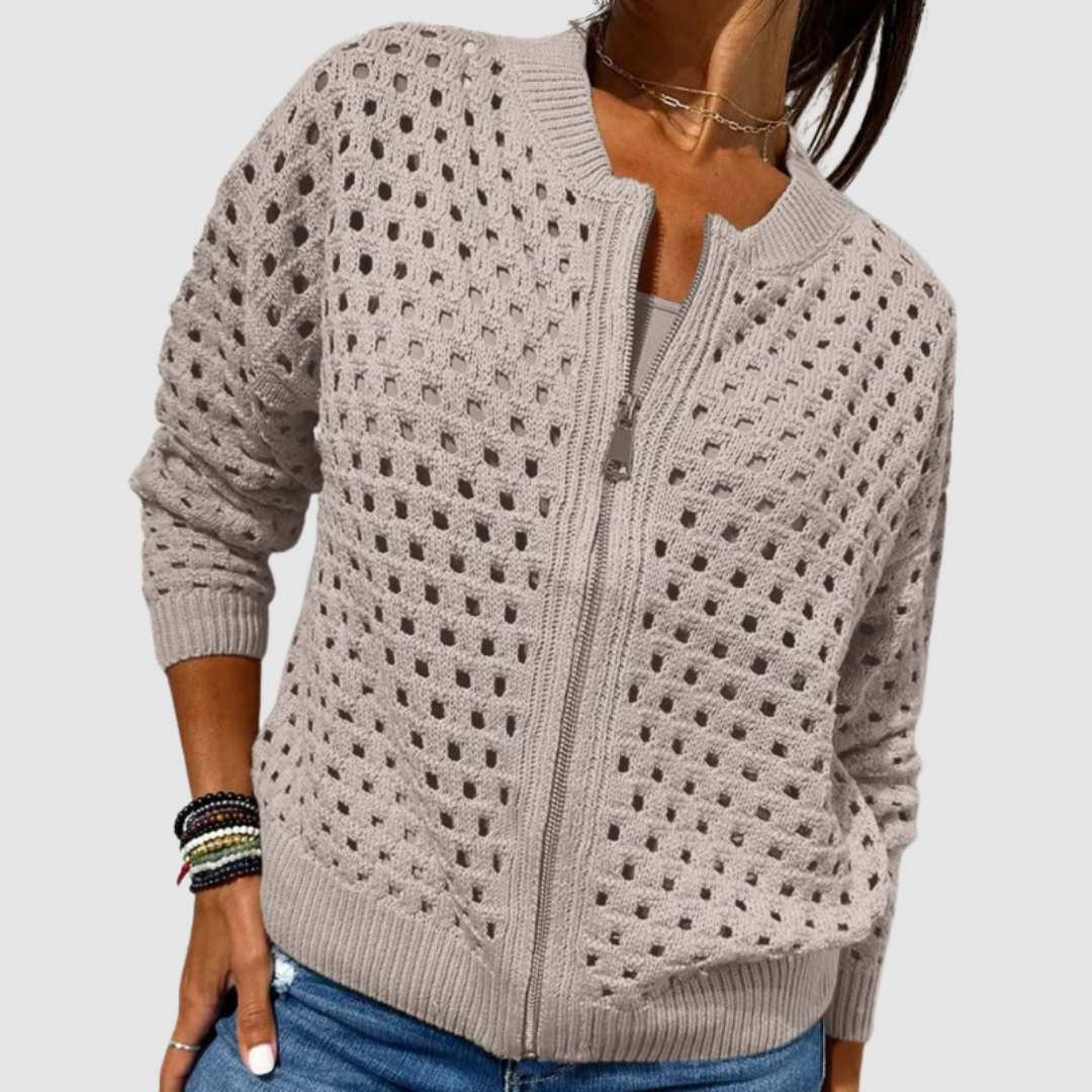 Amelia | Cardigan Tricoté Ajouré à Fermeture Zippée