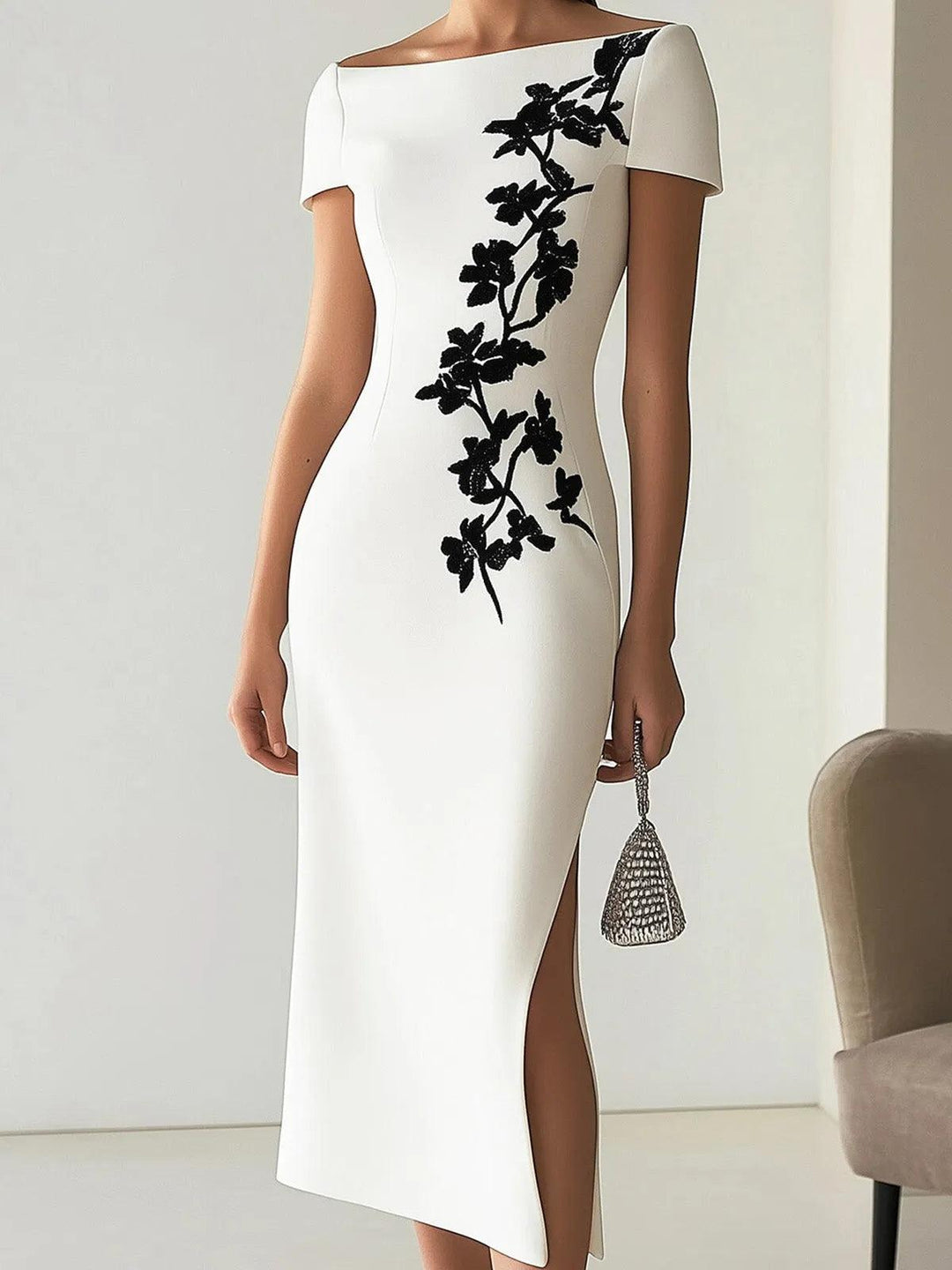 Audrey | Robe Midi à Imprimé Floral Chic avec Encolure Bateau