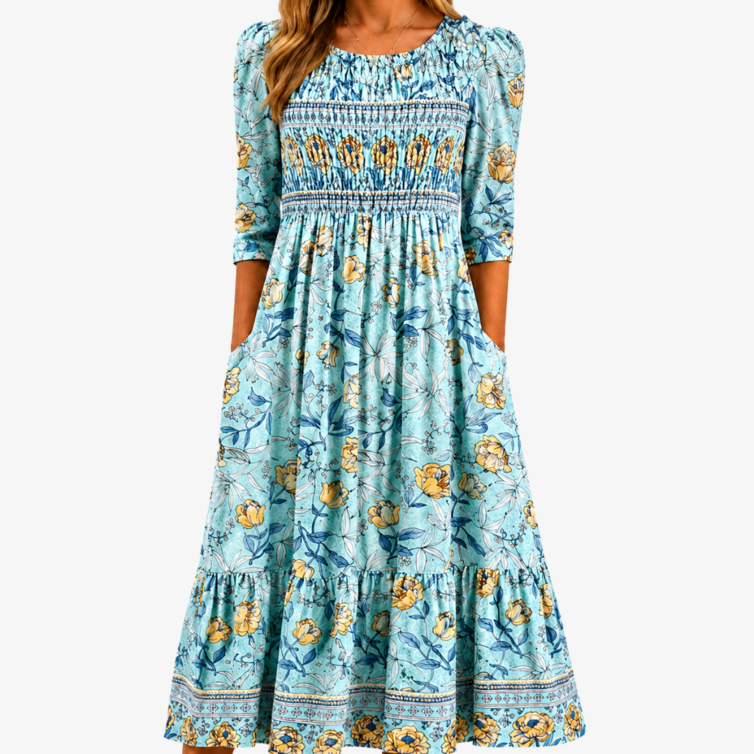 Robe Midi de Jardin Smockée Golden Bloom