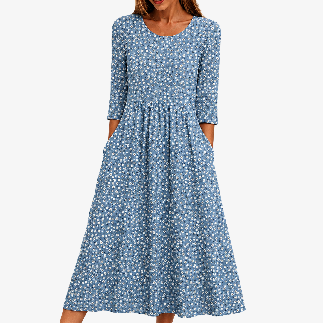 Robe Midi Florale Facile à Porter Blue Meadow