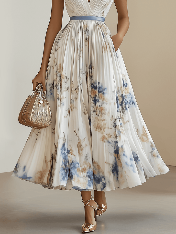 Chloe | Robe midi plissée en chiffon floral blanc à décolleté en V