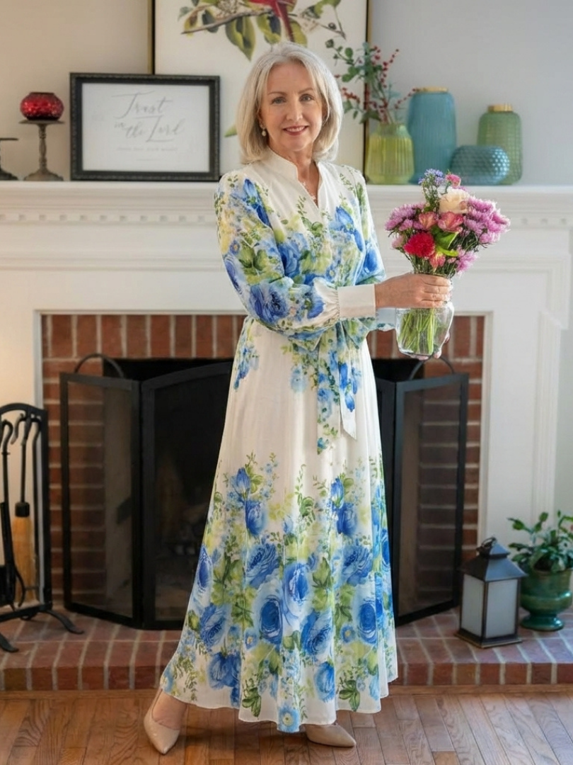 Harper | Robe Maxi à Manches Longues à Fleurs avec Boutonnage Avant
