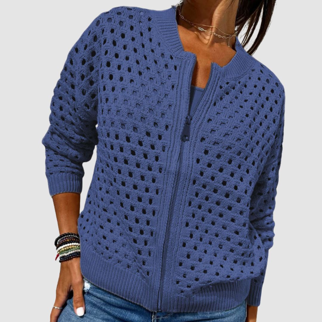 Amelia | Cardigan Tricoté Ajouré à Fermeture Zippée