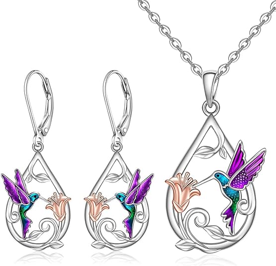 Collier de Colibri Magnifique pour Femmes avec Boucles d'Oreilles Bonus