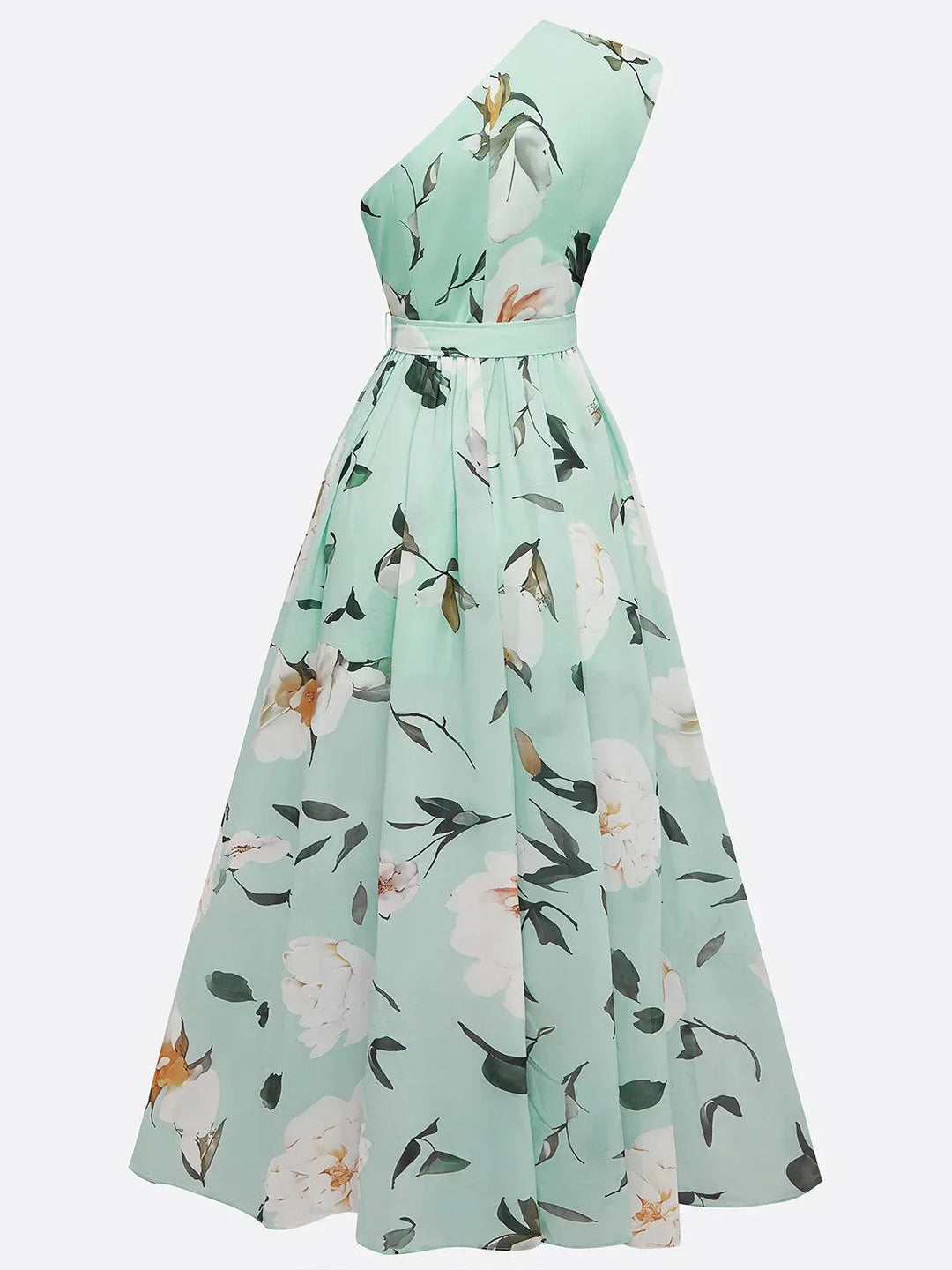 Julie | Robe Maxi Chiffon Florale Vert Clair à Une Épaule