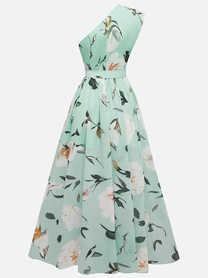 Julie | Robe Maxi Chiffon Florale Vert Clair à Une Épaule