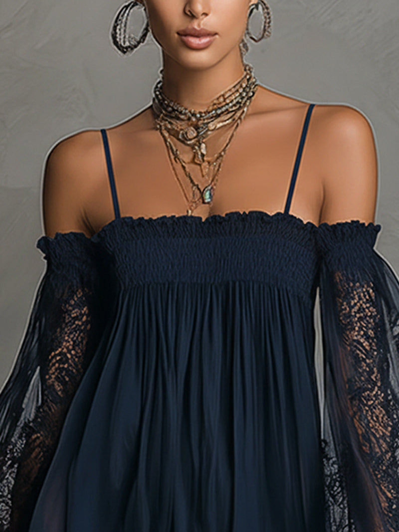 Noemi | Robe mini en chiffon bleu marine avec décolleté off-shoulder