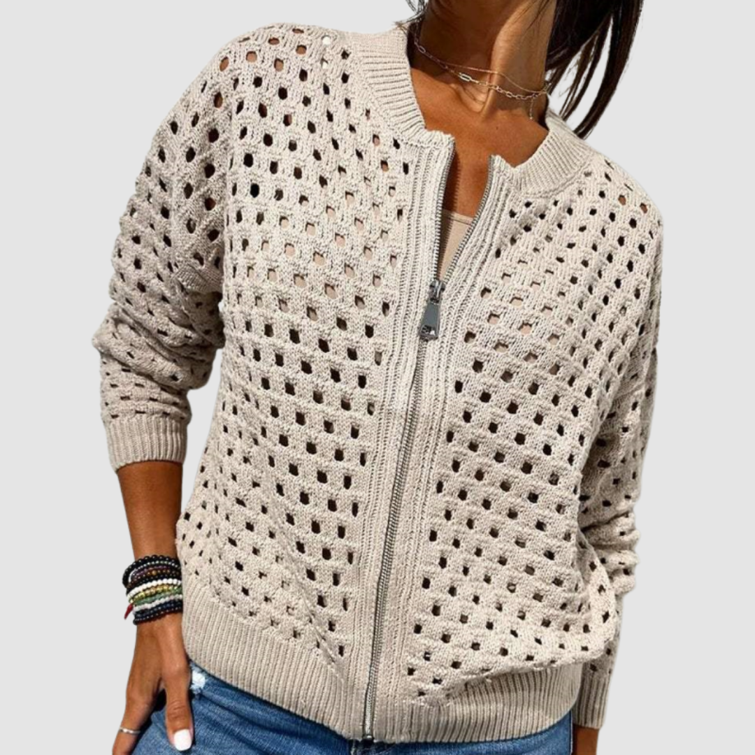 Amelia | Cardigan Tricoté Ajouré à Fermeture Zippée