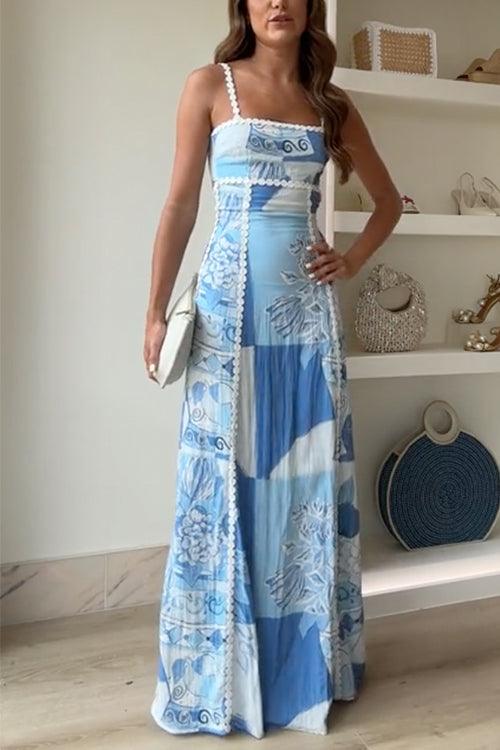Eleonore | Robe Maxi Imprimée avec Nœud au Dos et Bretelles Ric Rac