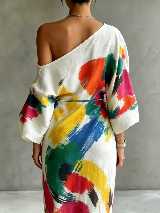 Aurélia | Robe Maxi Asymétrique à Imprimé Artistique