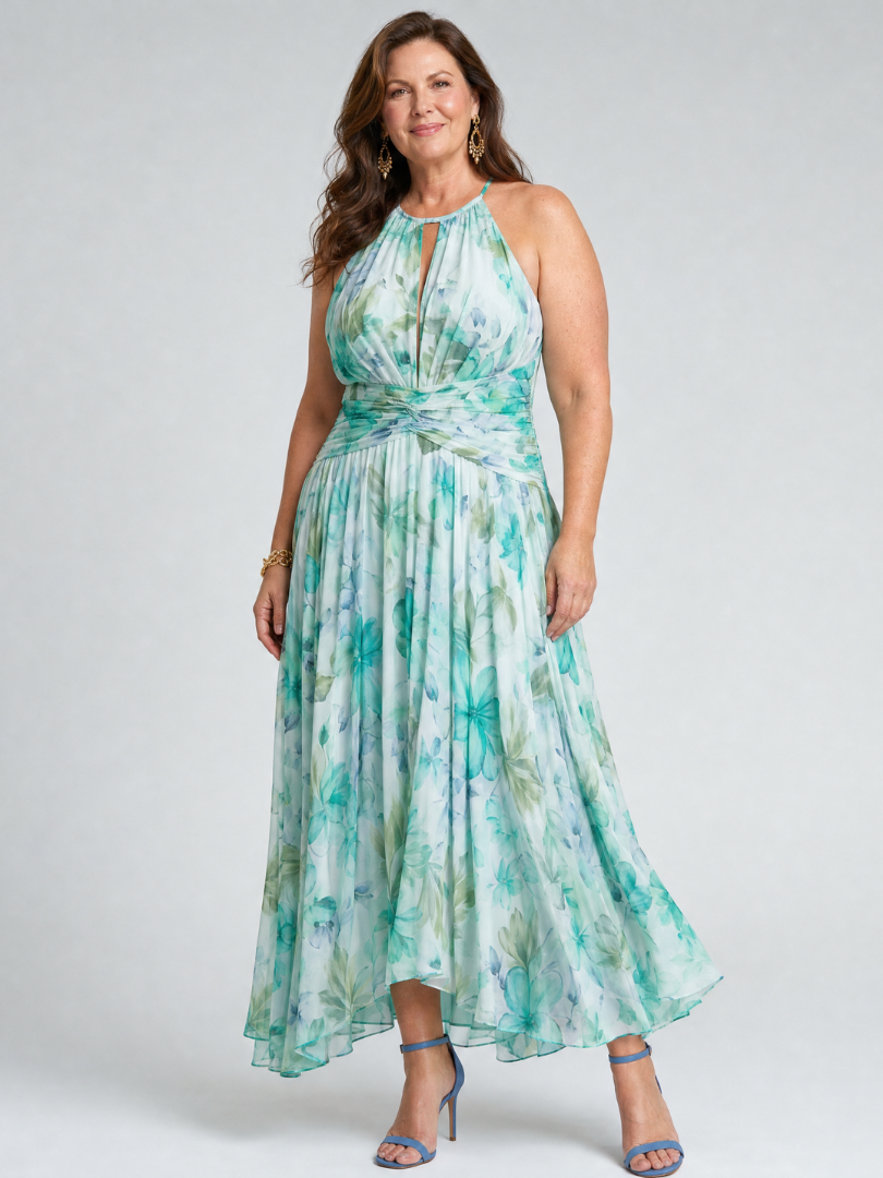 Portia | Robe Midi à Fleurs Douces avec Décolleté Halter Plissé
