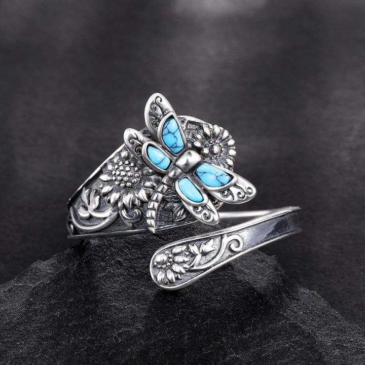 Bague Libellule en Argent Turquoise Ajustable