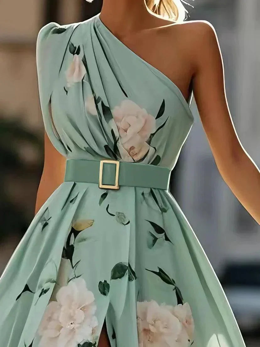 Julie | Robe Maxi Chiffon Florale Vert Clair à Une Épaule