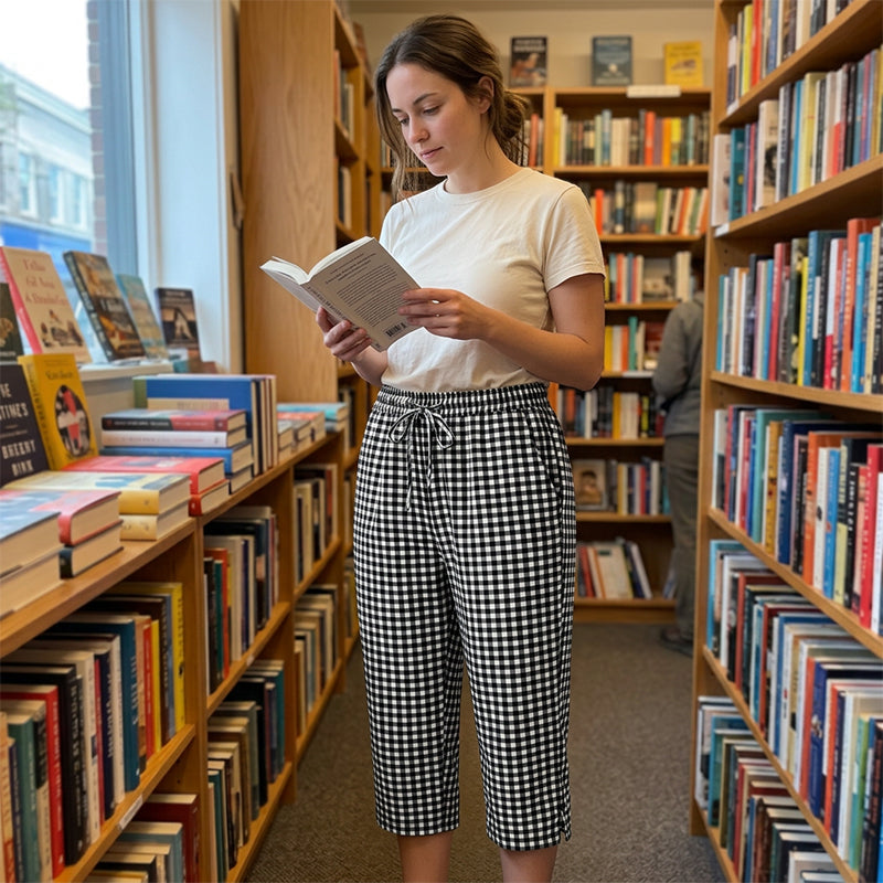 Jessy | Pantalon Capri à Carreaux et Taille Ajustable