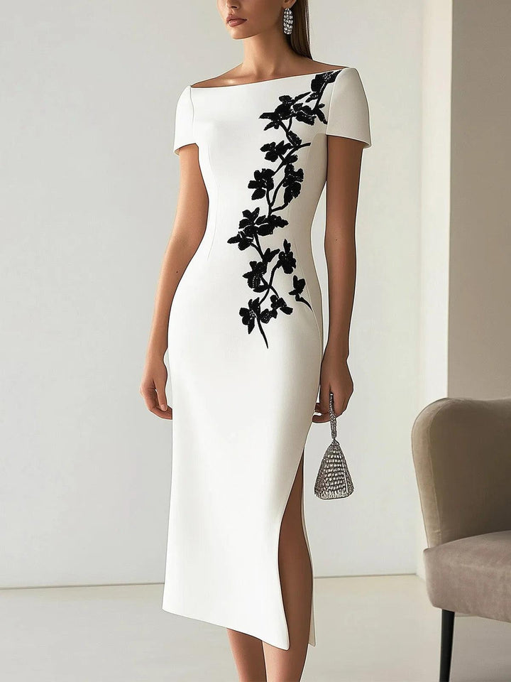 Audrey | Robe Midi à Imprimé Floral Chic avec Encolure Bateau