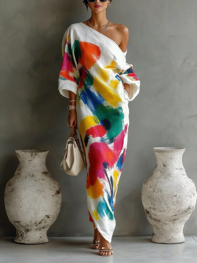 Aurélia | Robe Maxi Asymétrique à Imprimé Artistique