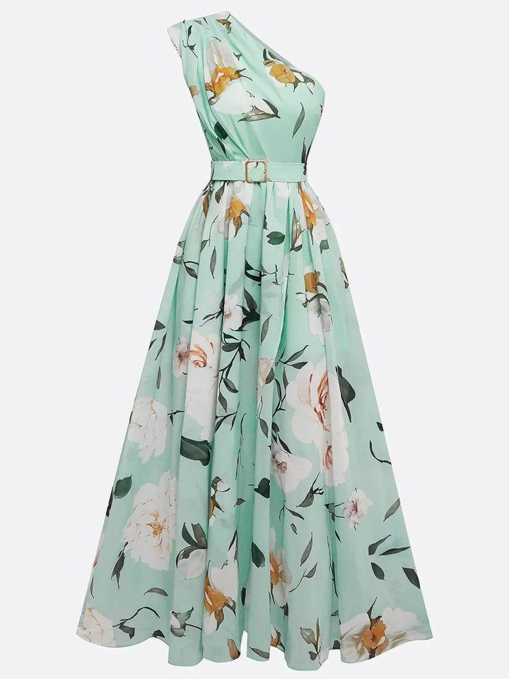 Julie | Robe Maxi Chiffon Florale Vert Clair à Une Épaule