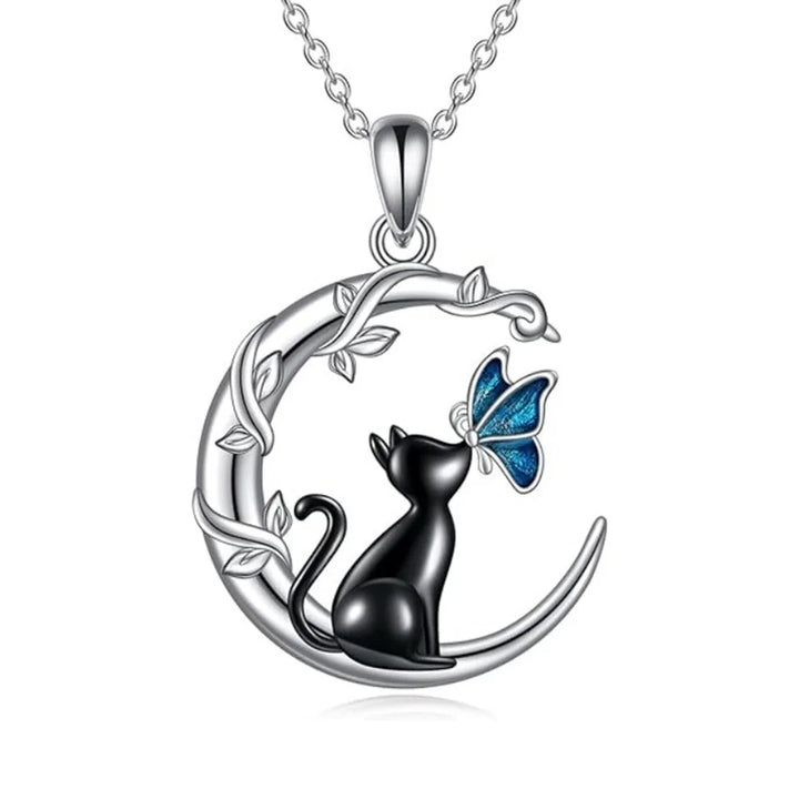 Collier Pendentif en Cristal de Chat de Lune et Papillon