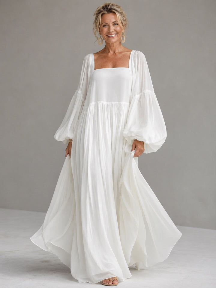Robe Maxi à Manches Bouffantes et Décolleté Carré Caroline