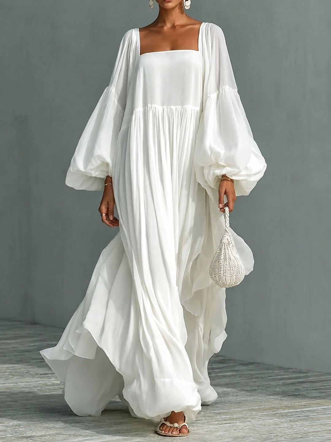 Robe Maxi à Manches Bouffantes et Décolleté Carré Caroline