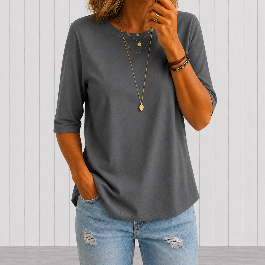 Nora | T-shirt Uni à Col Rond et Manches 3/4