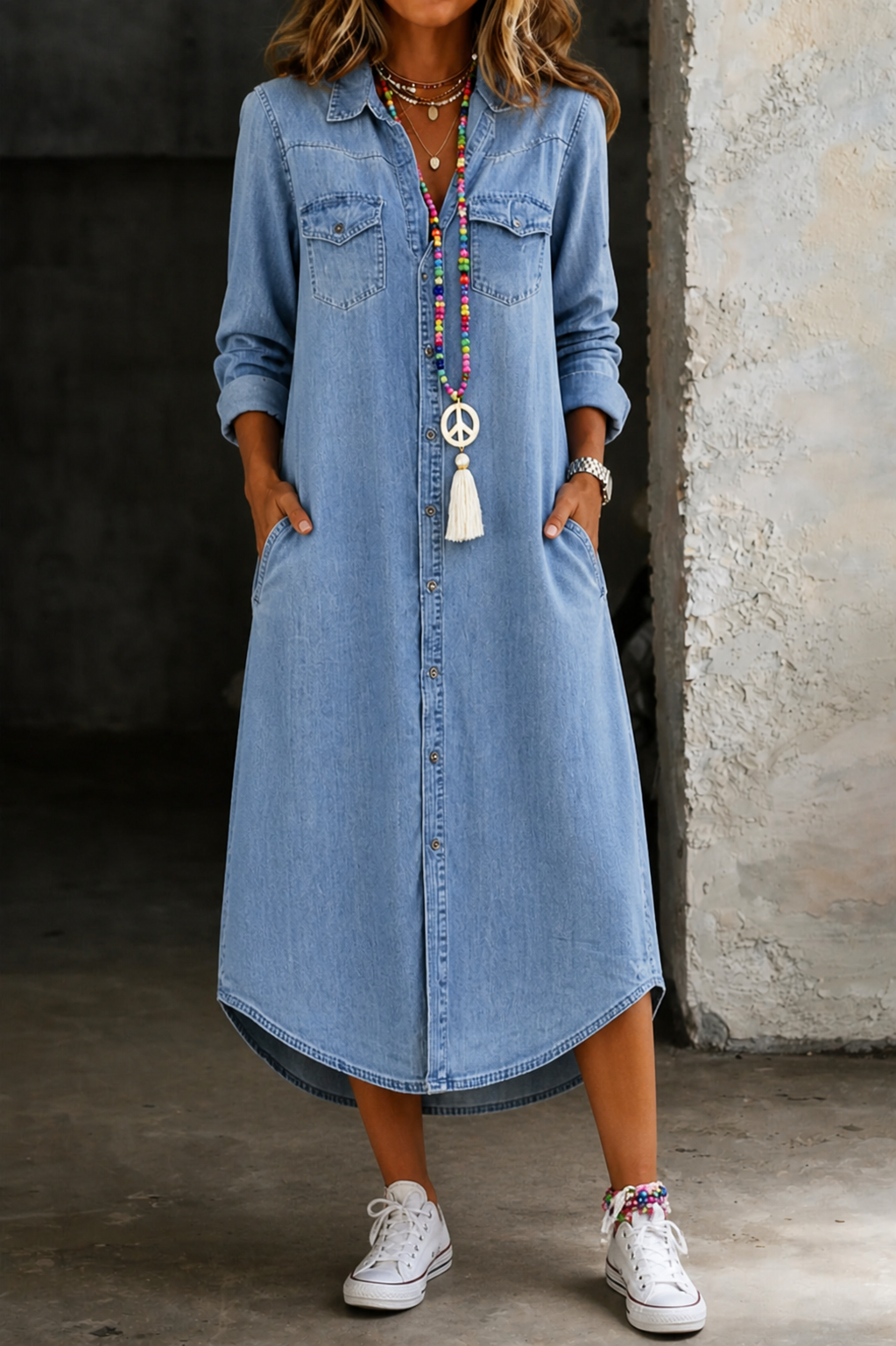 Helen | Robe Chemise en Denim Longue Élégante et Décontractée