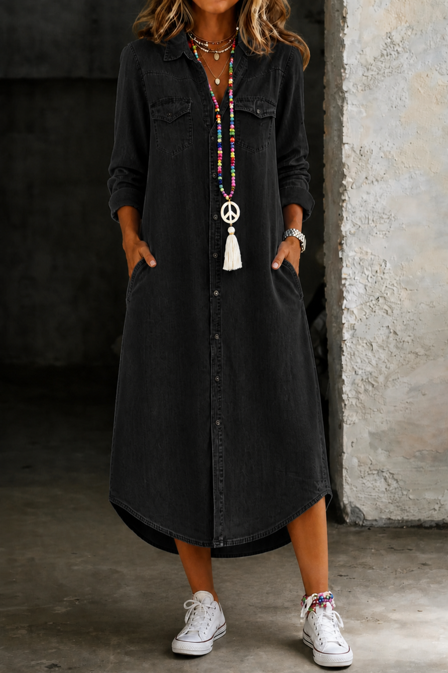 Helen | Robe Chemise en Denim Longue Élégante et Décontractée
