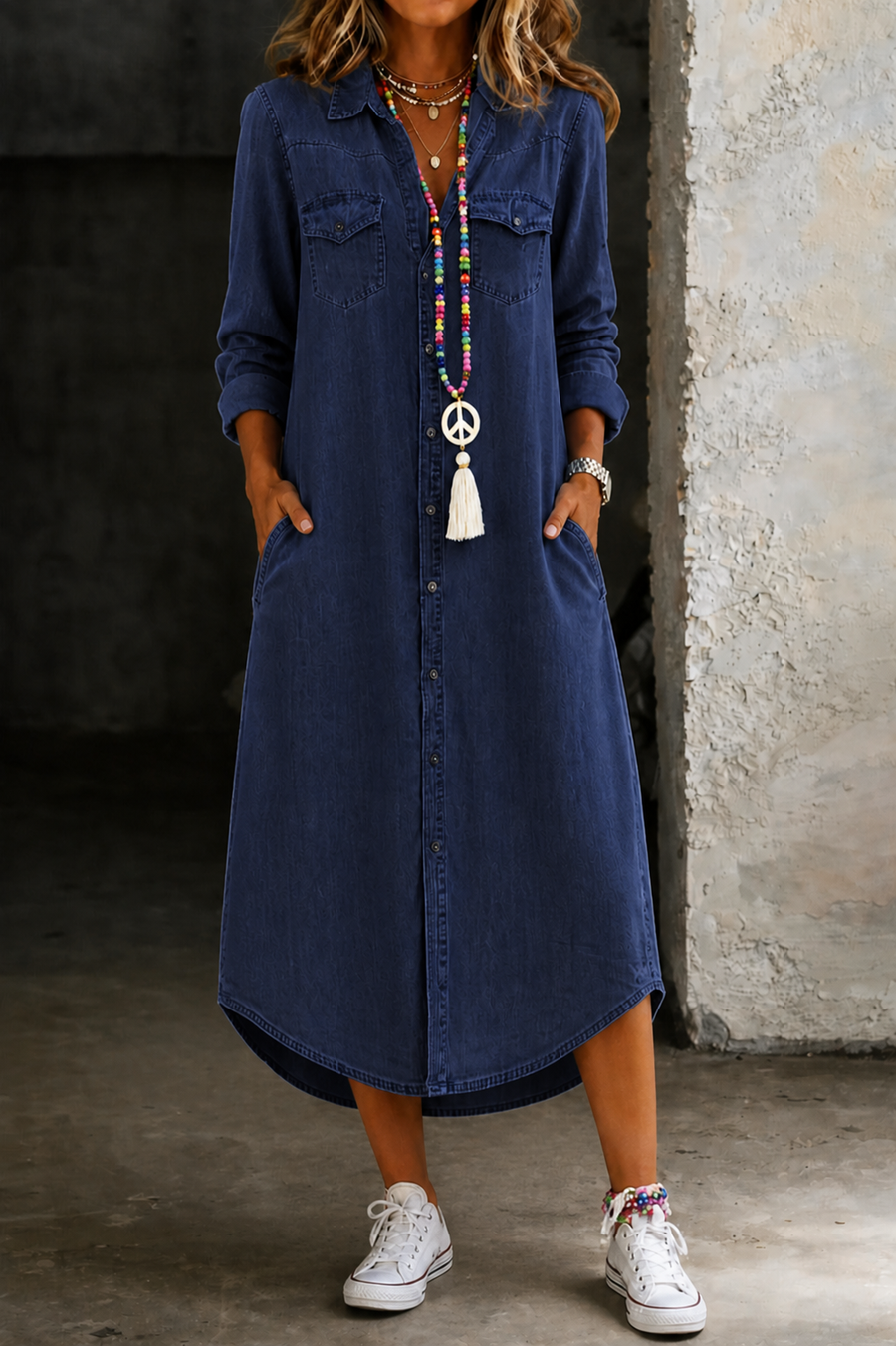 Helen | Robe Chemise en Denim Longue Élégante et Décontractée
