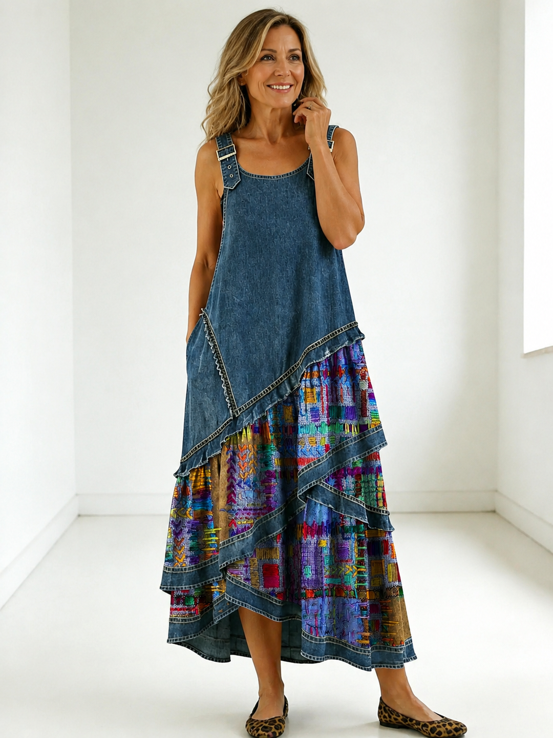Maëlle | Robe Asymétrique en Denim et Imprimé