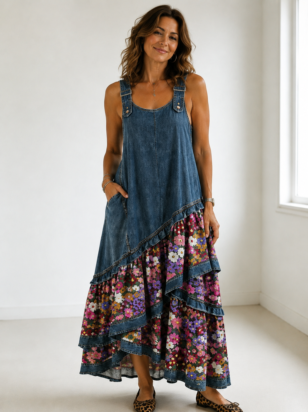 Maëlle | Robe Asymétrique en Denim et Imprimé