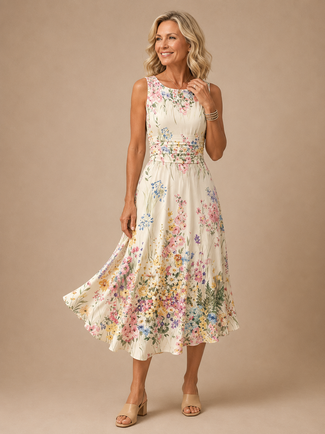 Paige | Robe Midi Fleurie Sans Manches