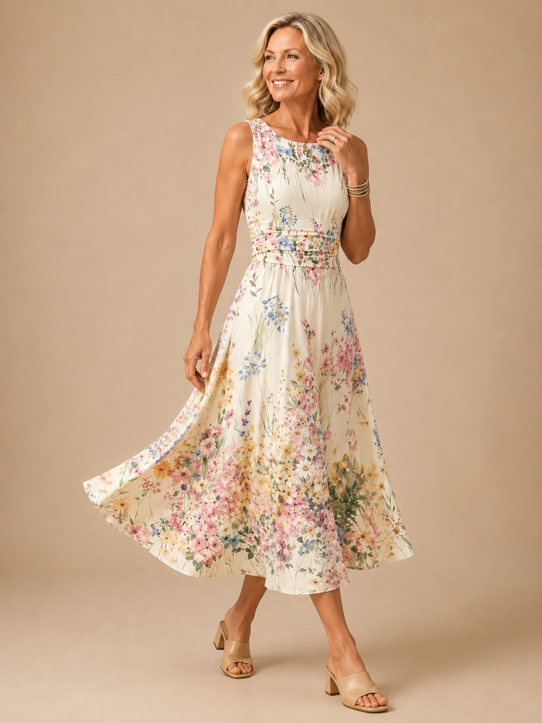 Paige | Robe Midi Fleurie Sans Manches