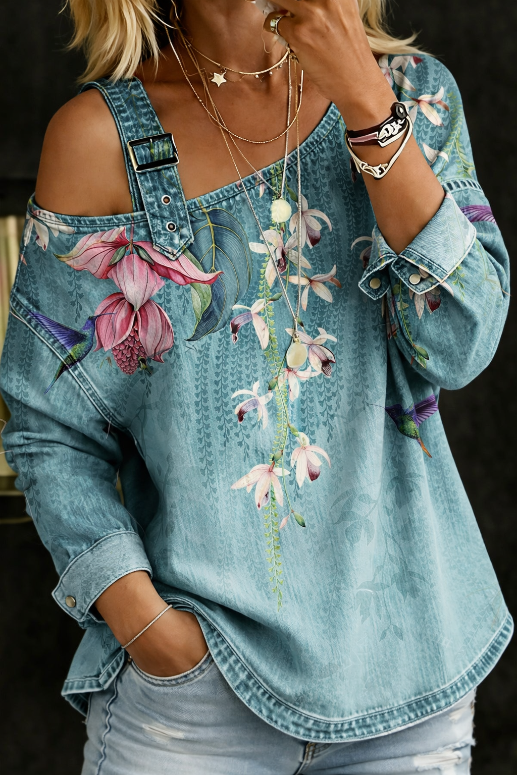 Monique | Blouse Florale à Épaule Découverte
