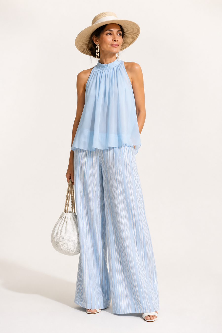 Ensemble de Pantalons en Chiffon Bleu Côtier