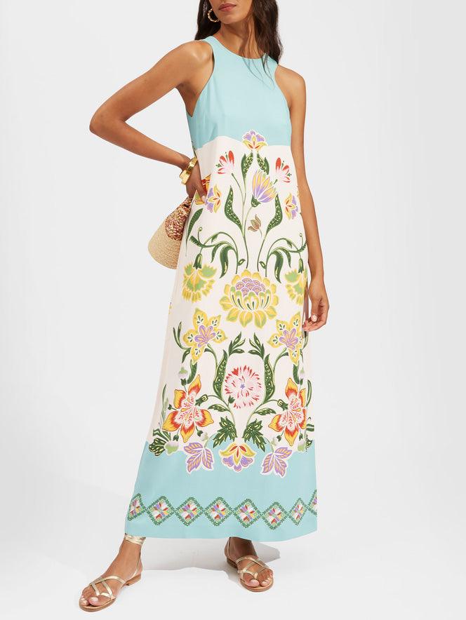Ava | Robe midi sans manches à imprimé floral ensoleillé