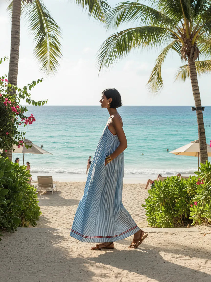 Robe Maxi à Rayures avec Détails Contrastés