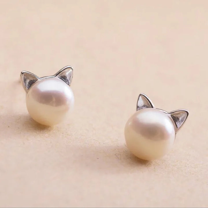 Boucles d'oreilles en argent sterling en forme de chat avec perles