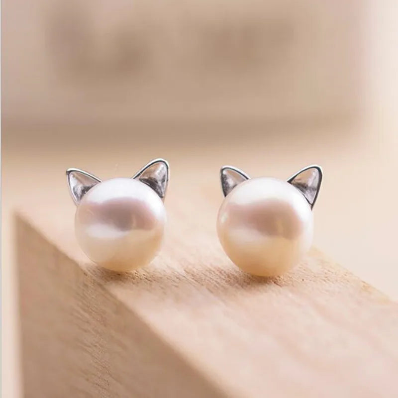 Boucles d'oreilles en argent sterling en forme de chat avec perles