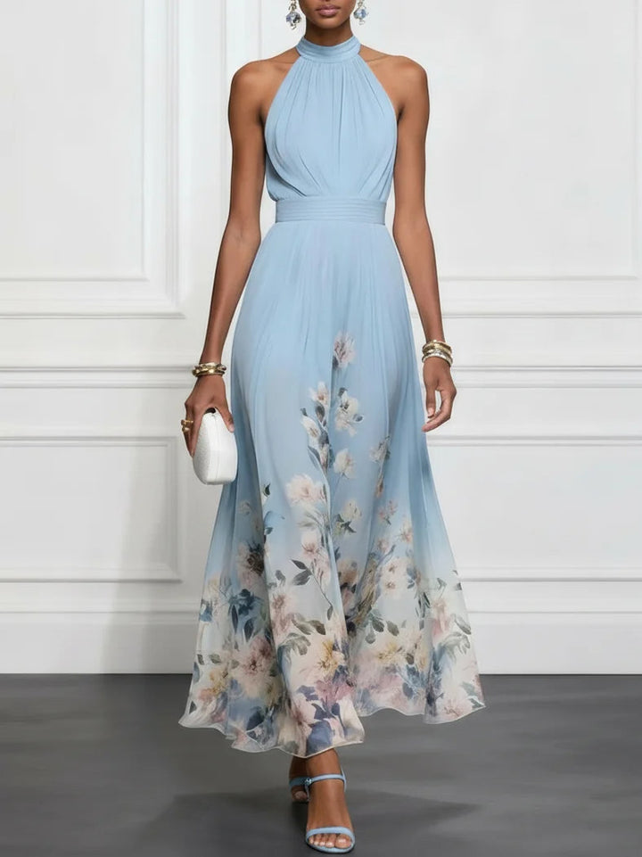 Rosalyn | Robe Maxi Chiffon Floral Bleue à Bretelles