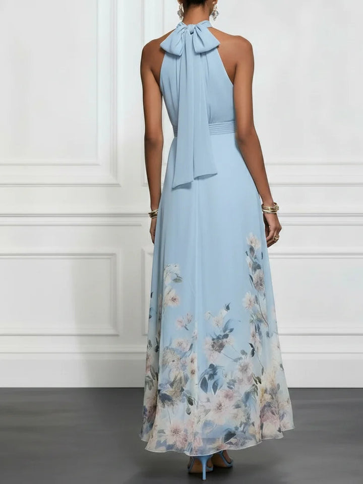Rosalyn | Robe Maxi Chiffon Floral Bleue à Bretelles