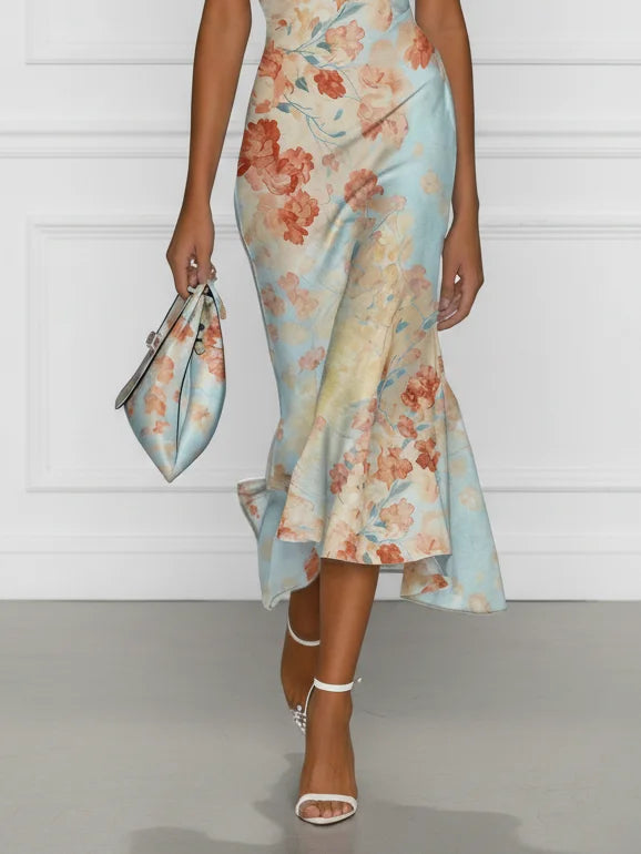 Vittoria | Robe Midi Sirène Florale Bleue