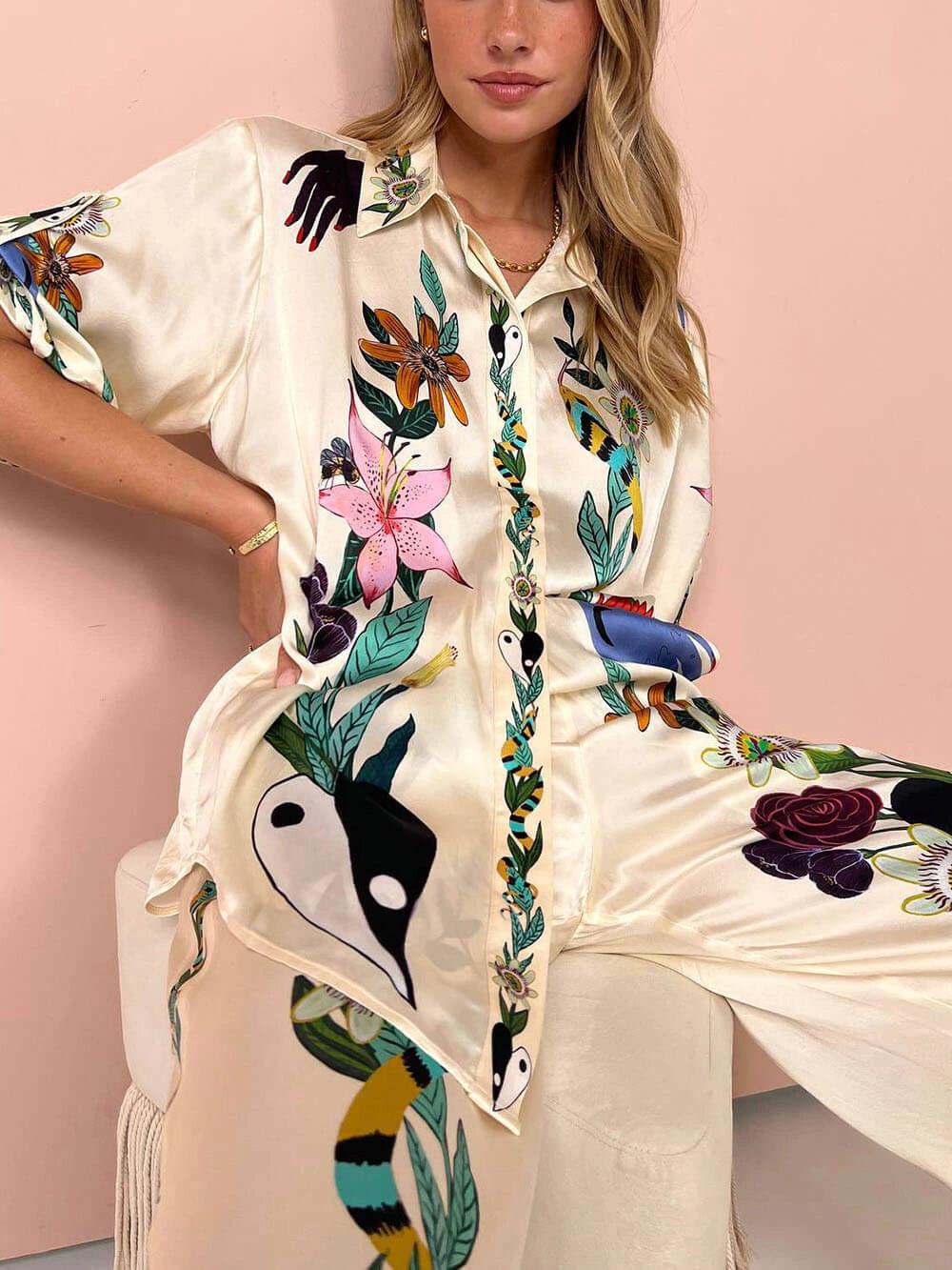 Nika | Ensemble chemise et pantalon en satin à imprimé unique Vibes de station