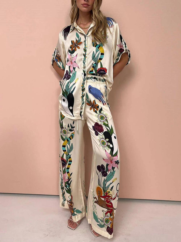 Nika | Ensemble chemise et pantalon en satin à imprimé unique Vibes de station
