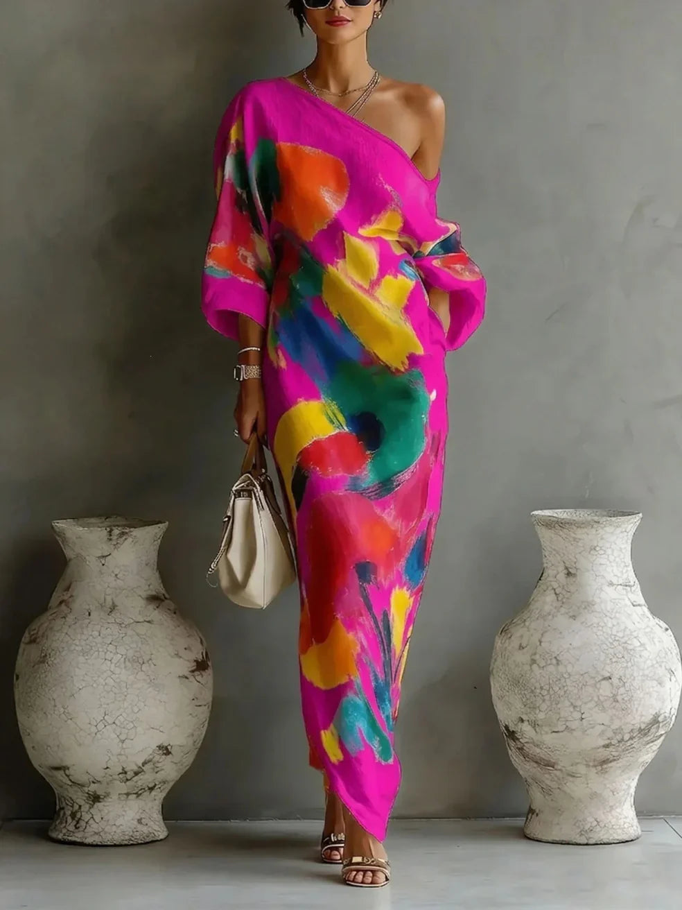 Aurélia | Robe Maxi Asymétrique à Imprimé Artistique