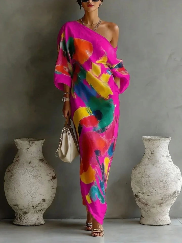 Aurélia | Robe Maxi Asymétrique à Imprimé Artistique