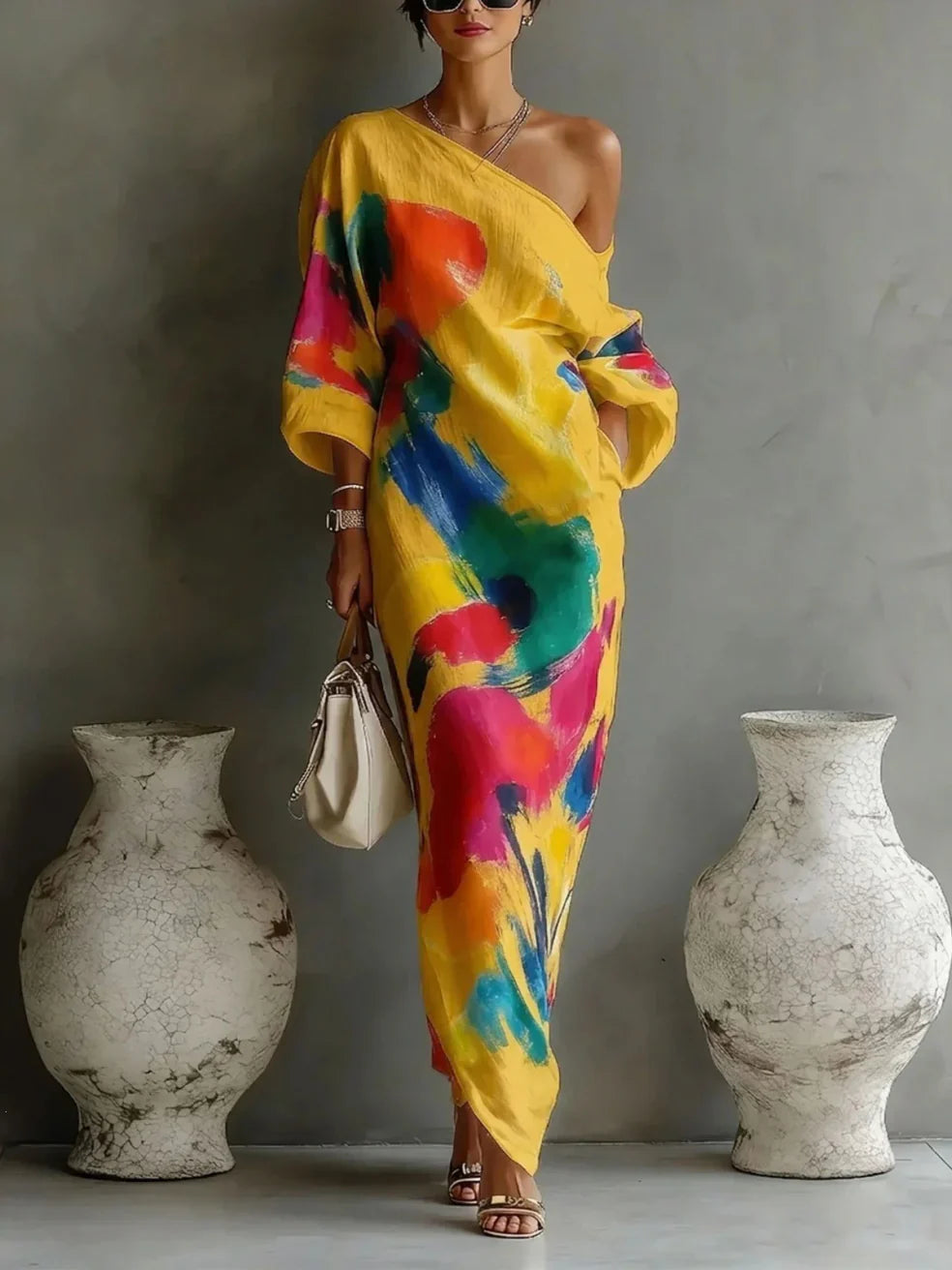 Aurélia | Robe Maxi Asymétrique à Imprimé Artistique