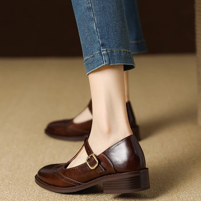 Chaussures Mary Jane en Cuir Véritable T-Bar Confort Vintage