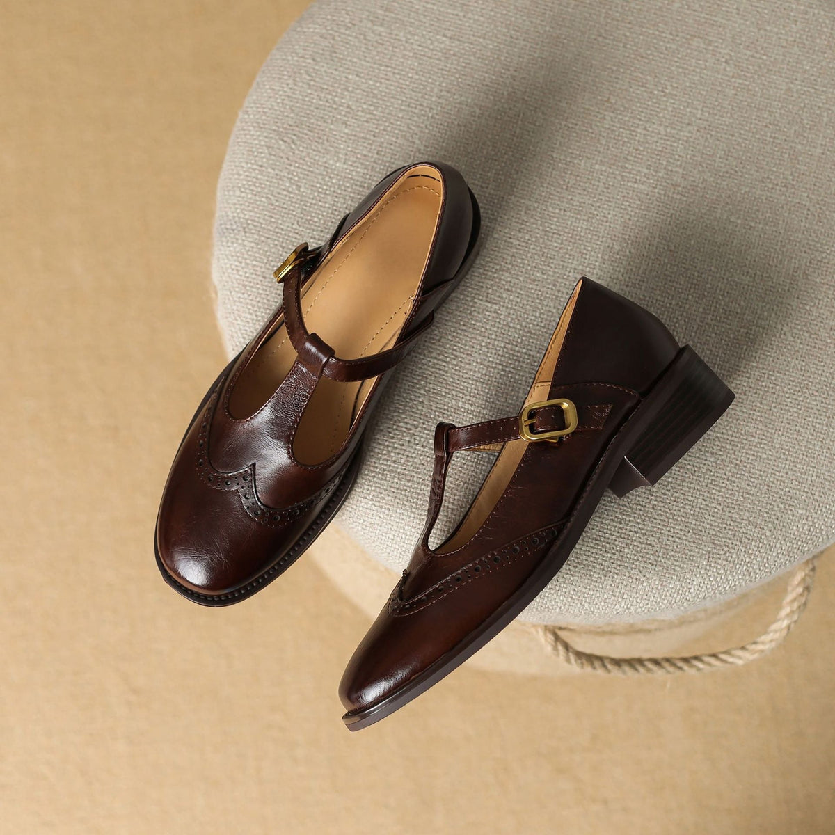 Chaussures Mary Jane en Cuir Véritable T-Bar Confort Vintage