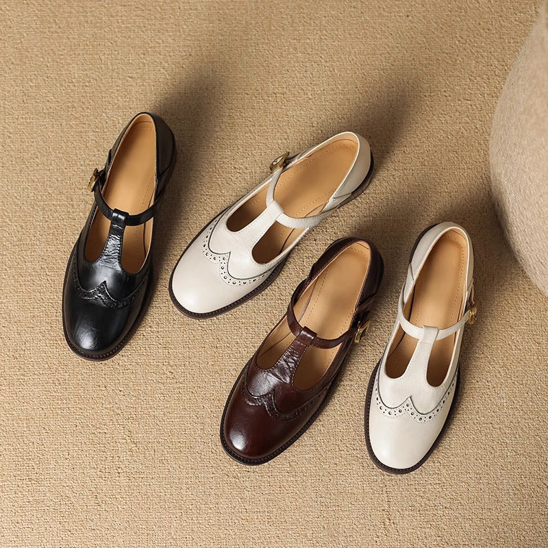 Chaussures Mary Jane en Cuir Véritable T-Bar Confort Vintage