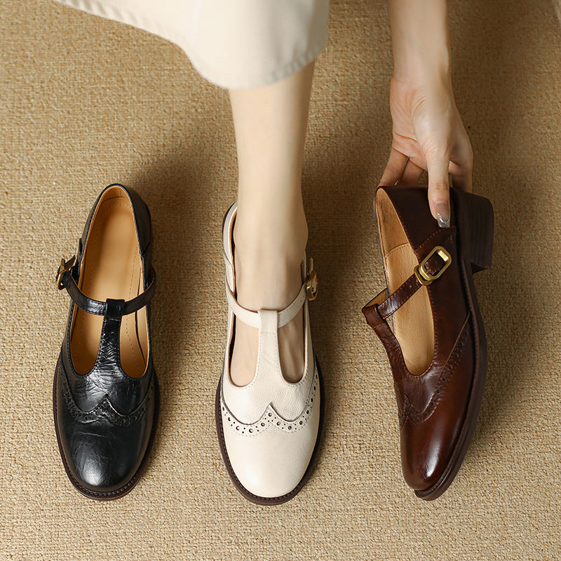 Chaussures Mary Jane en Cuir Véritable T-Bar Confort Vintage